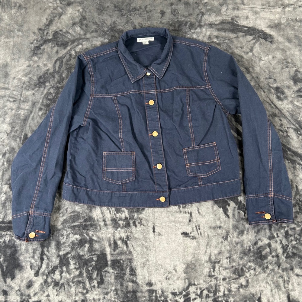 Pendleton Canvas Jacket Womens XL Navy Blue Contrast Stitch Cinch Back Button Up